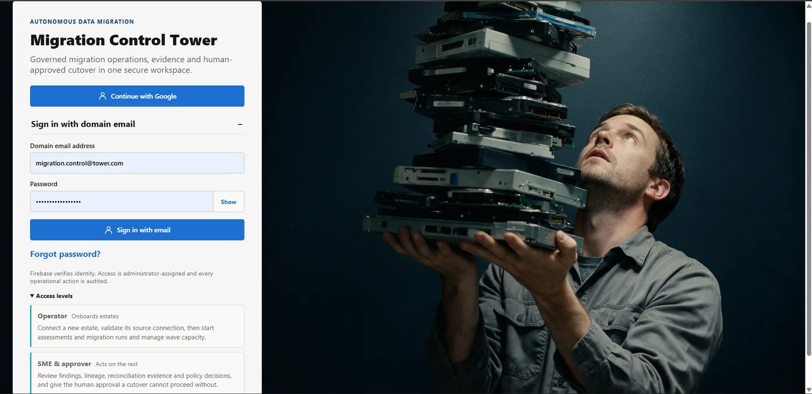 Migration Control Tower login page with Google sign-in, optional domain email access, and descriptions of operator and approver responsibilities.