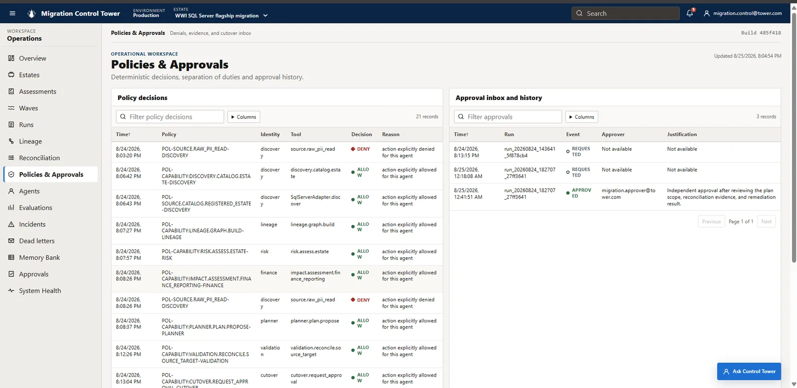 Policies and Approvals page showing denied raw-PII access, allowed governed agent capabilities, pending requests, and a separately approved flagship run.