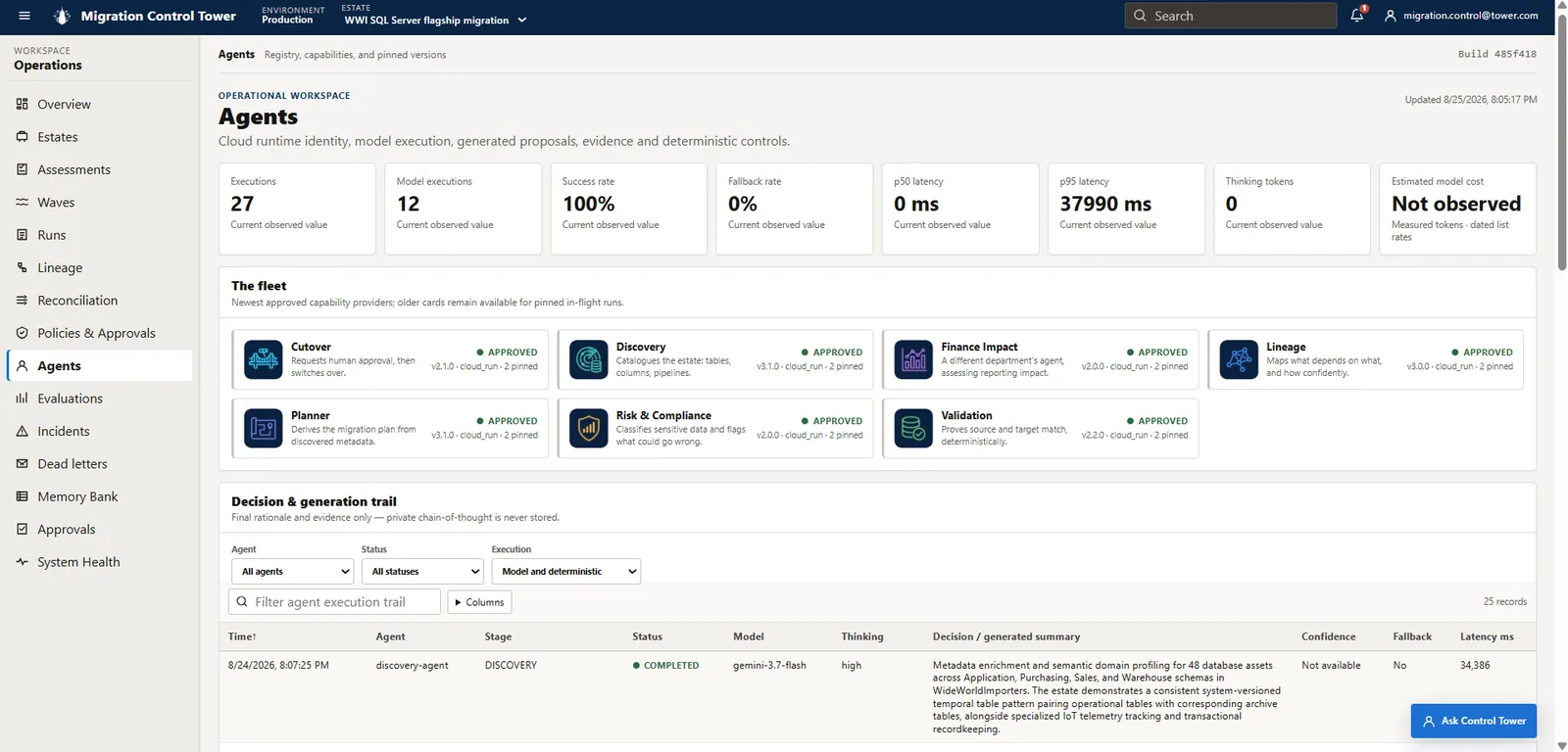 Agents page with fleet KPIs and approved Cloud Run cards for discovery, lineage, planning, risk, validation, finance, and cutover agents.