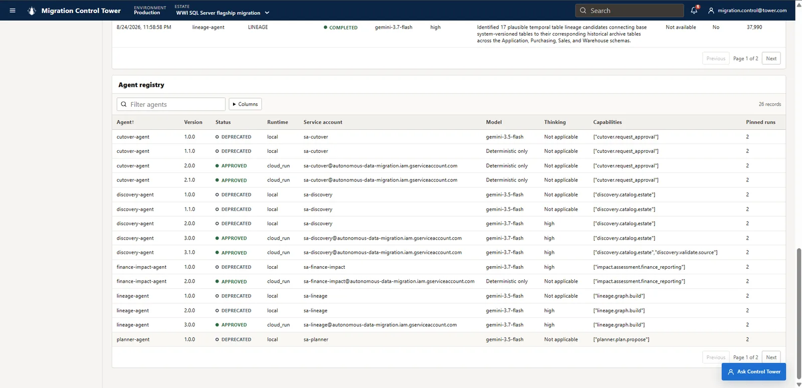 Agent registry listing approved Cloud Run and deprecated local versions, service accounts, models, thinking levels, capabilities, and pinned runs.