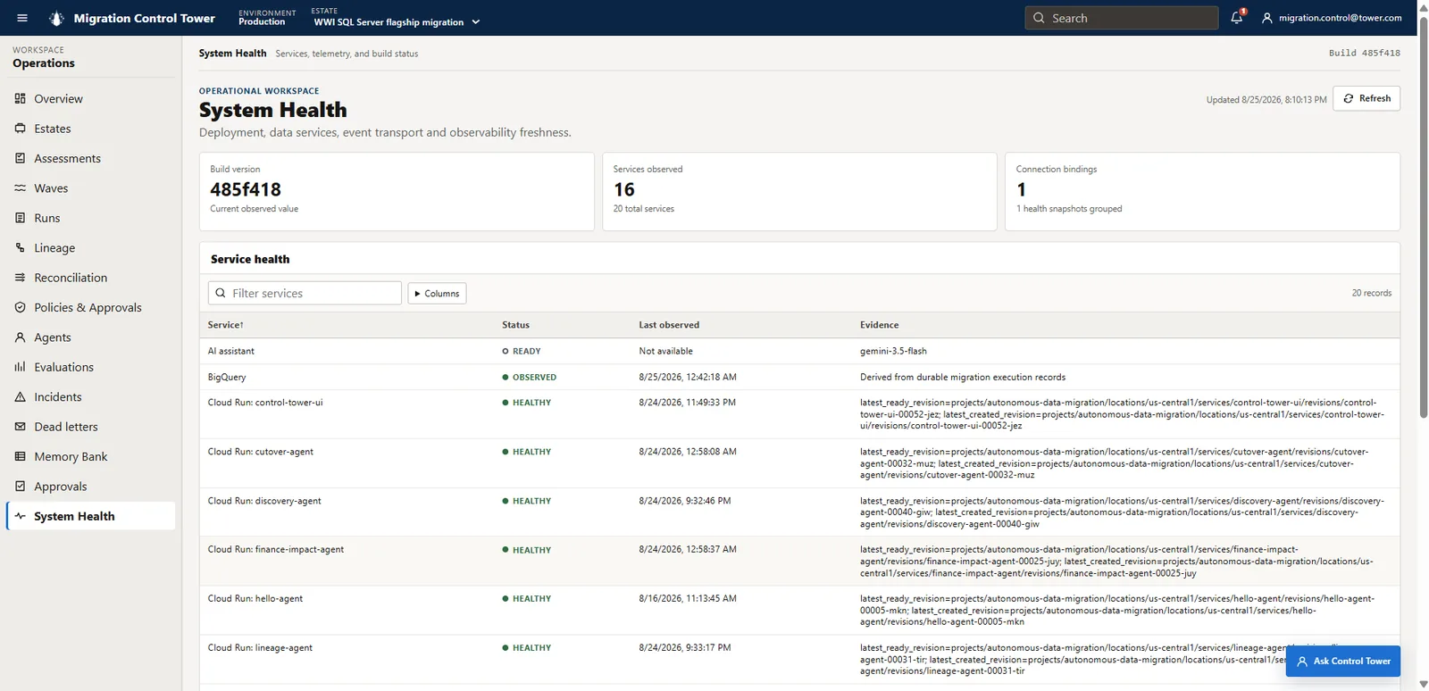System Health page showing production build 485f418, observed services, connection binding, Gemini assistant readiness, BigQuery evidence, and healthy Cloud Run agent revisions.