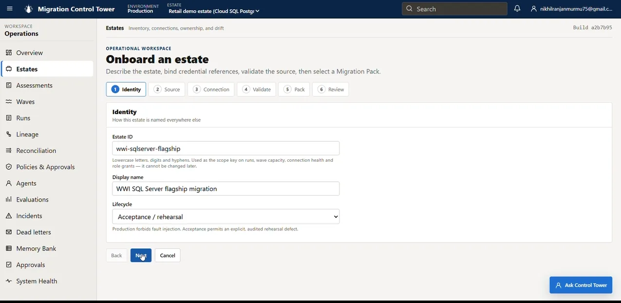 Estate onboarding identity step with the WWI flagship estate ID, display name, Acceptance and rehearsal lifecycle, and a six-step progress indicator.