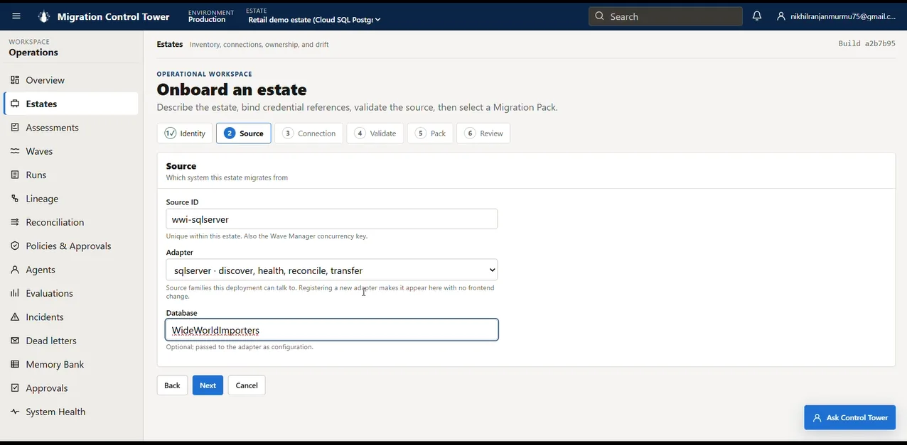 Estate onboarding source step showing source ID wwi-sqlserver, the SQL Server adapter with discover, health, reconcile and transfer capabilities, and the WideWorldImporters database.