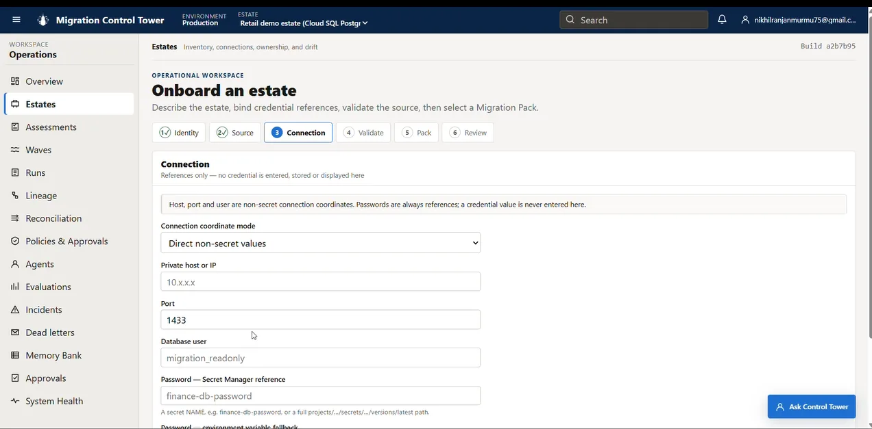 Estate onboarding connection step with a masked private host, port 1433, migration_readonly user, and a Secret Manager password-reference field.