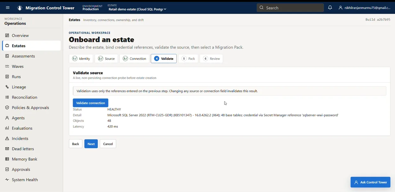Estate validation step reporting a healthy SQL Server 2022 connection, 48 base tables, Secret Manager credential reference, and 420 millisecond latency.