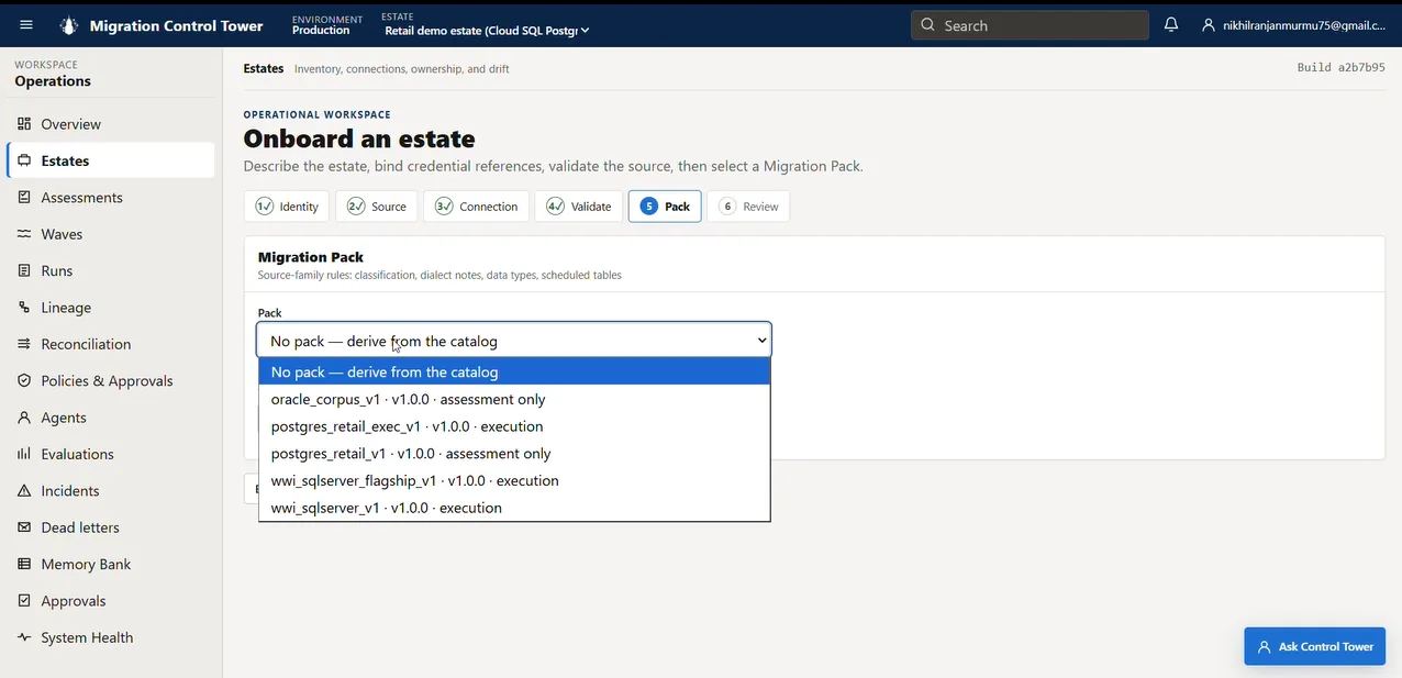 Estate onboarding Pack step with a dropdown listing assessment-only and executable Oracle, PostgreSQL and SQL Server packs, including wwi_sqlserver_flagship_v1.