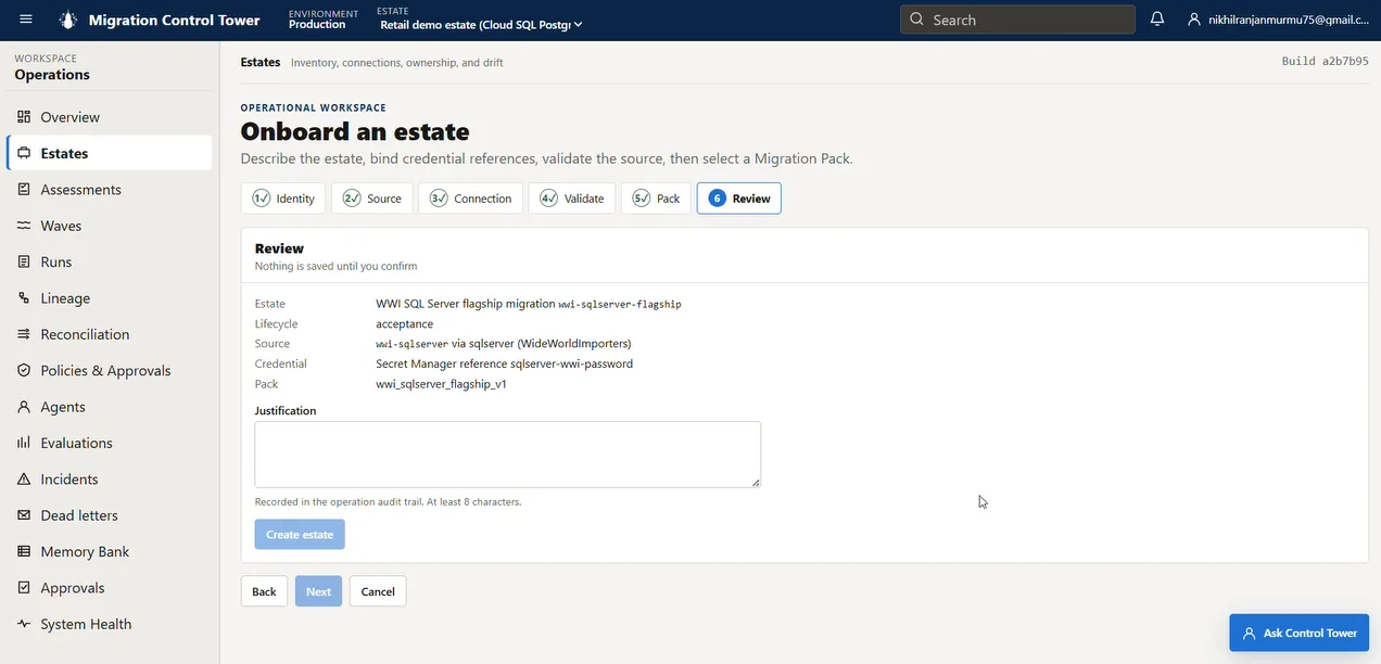 Estate onboarding review step summarizing the WWI flagship acceptance estate, SQL Server source, Secret Manager reference, executable pack, and required justification.