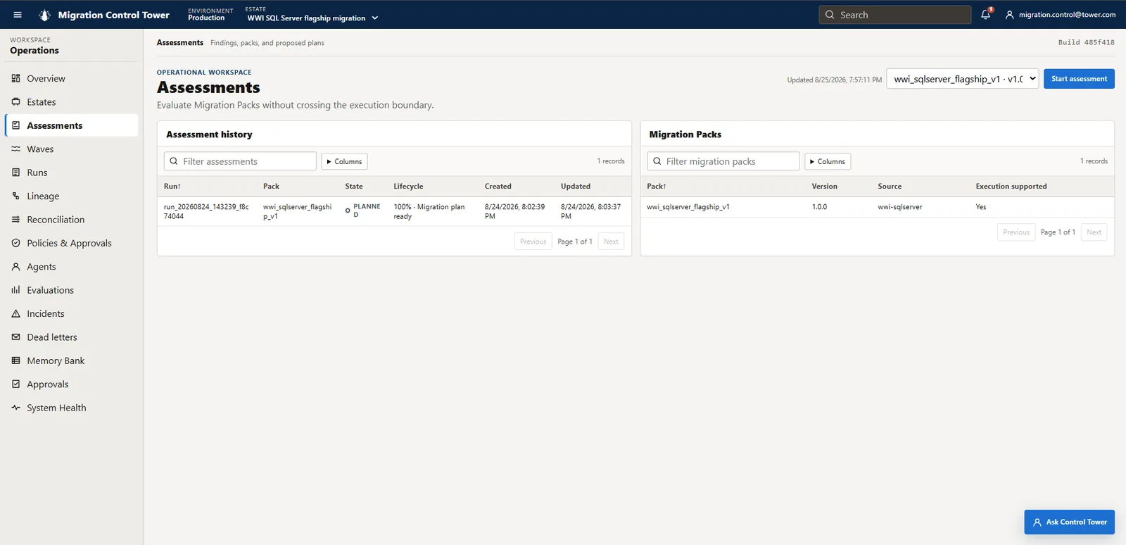 Assessments page with the WWI flagship pack selected and a completed assessment in planned state.