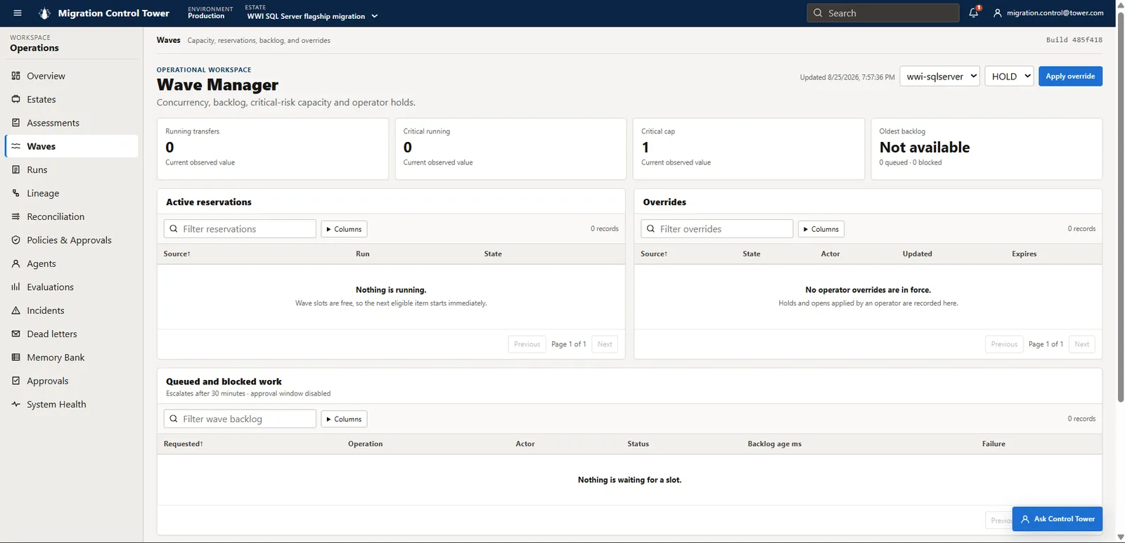 Wave Manager showing a concurrency cap of one, no active transfers, and no queued or blocked work.