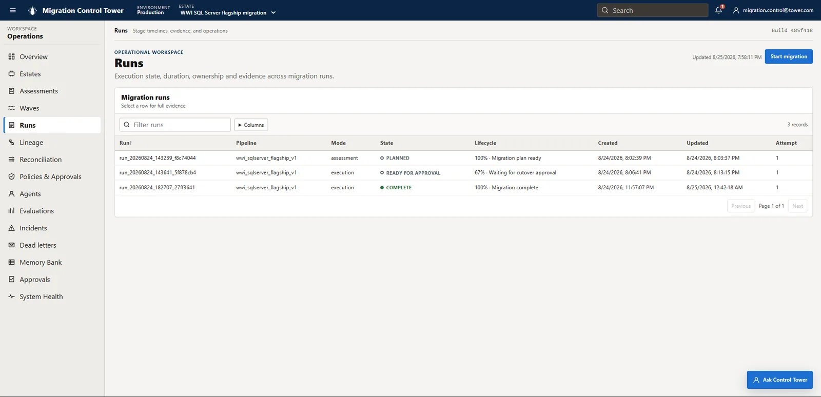 Runs page listing planned, ready-for-approval, and completed WWI migration runs with timestamps and progress.