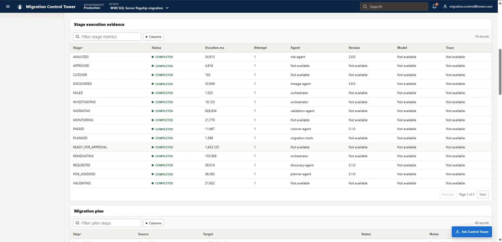Stage execution table listing migration states, durations, agent names and versions, model fields, and trace availability.